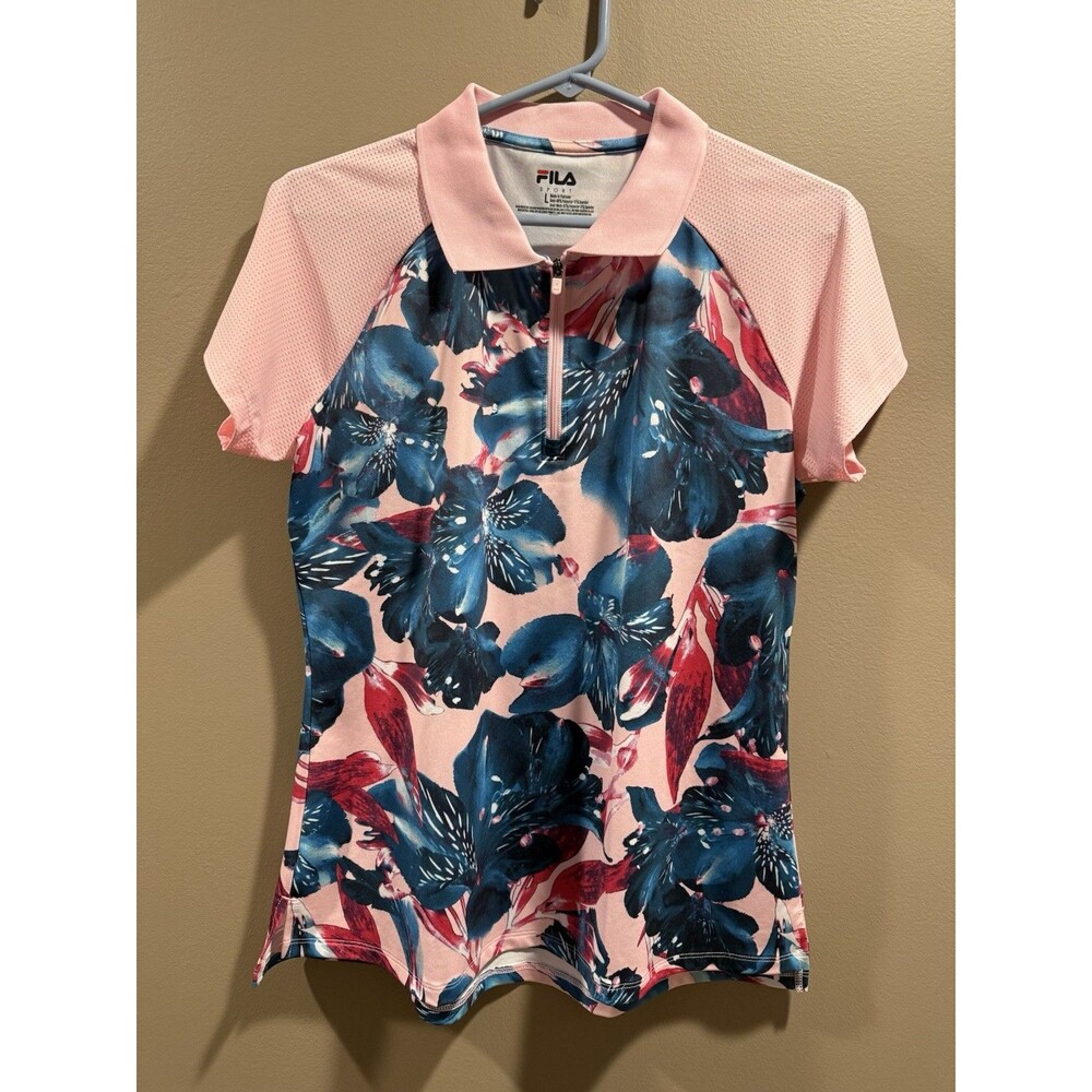 Fila 1/4 Zip Polo Pink Floral Women's Size Large Short Sleeve Shirt